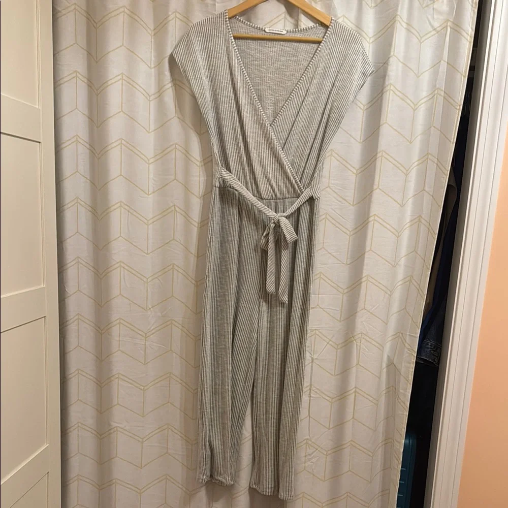 Caution to the Wind Striped Gray Jumpsuit with Belt - Picture 1 of 5